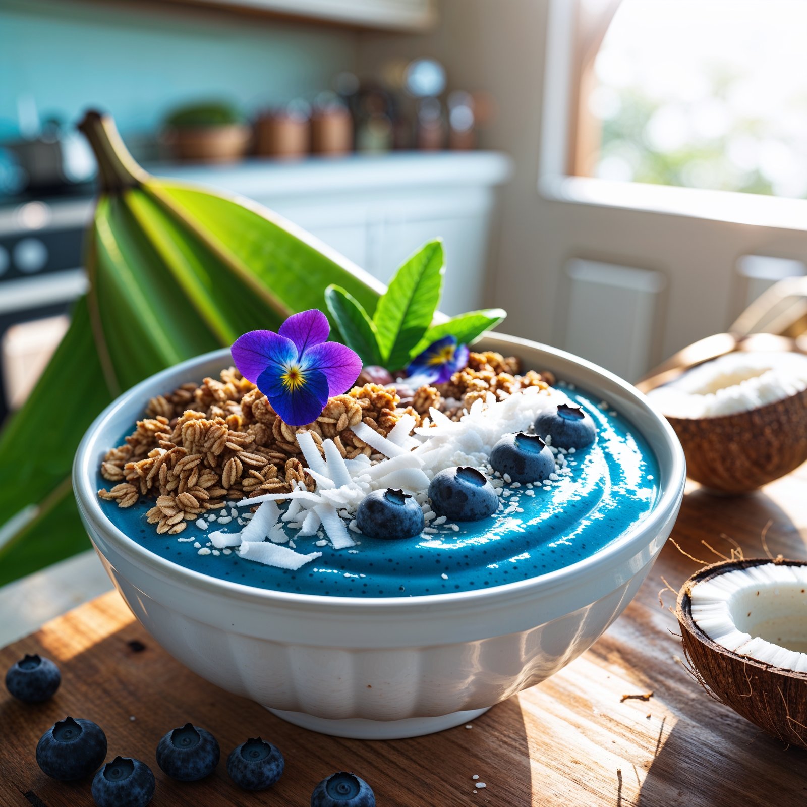 Pouring blue spirulina smoothie from a blender