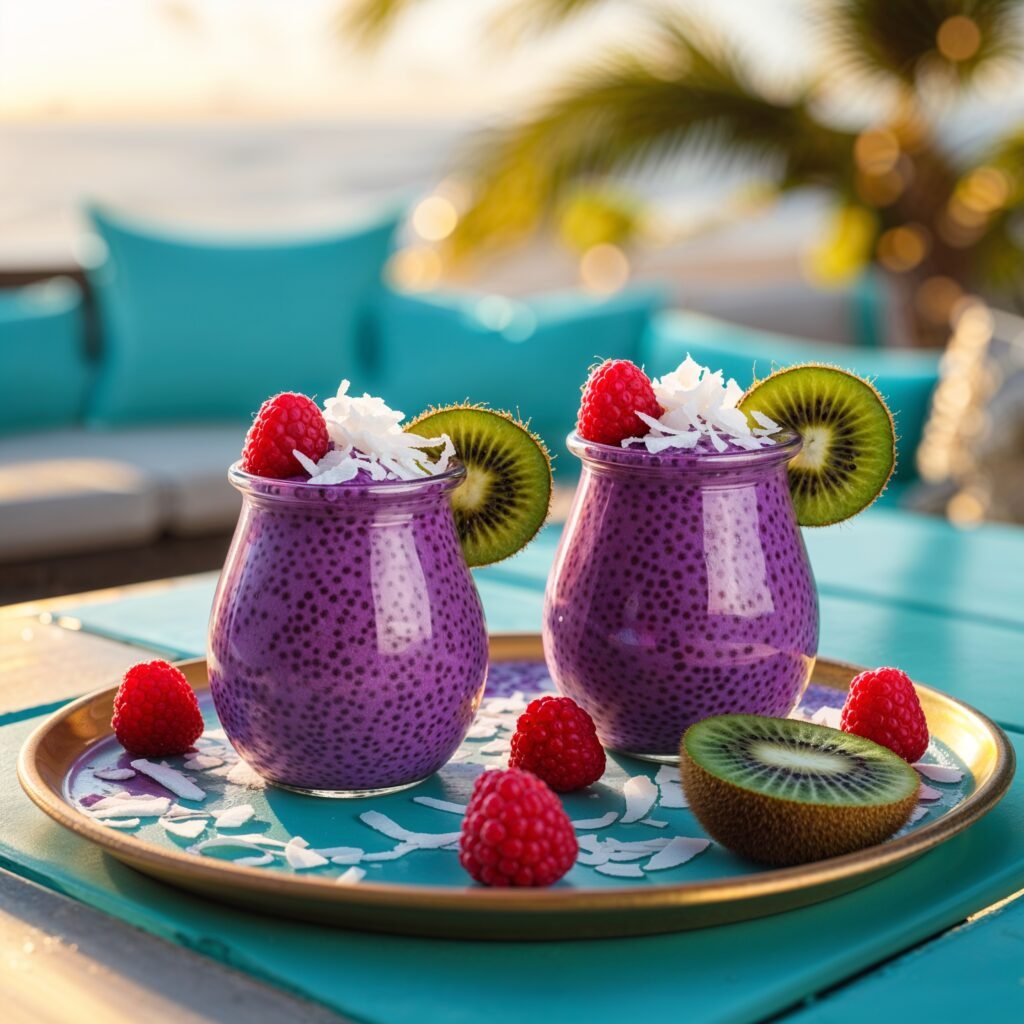 Two açaí coconut chia puddings with kiwi and granola