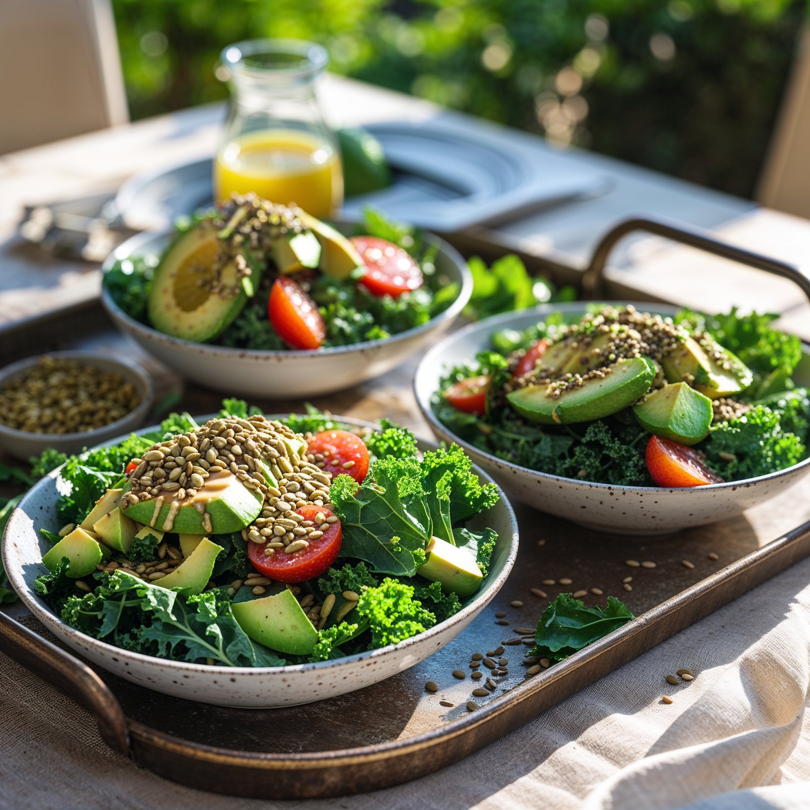 Two hemp seed glow salads with tahini drizzle and cucumber
