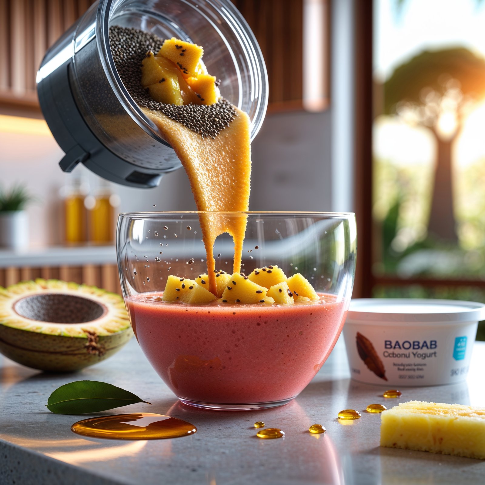 Blending vibrant baobab glow smoothie with chia seeds