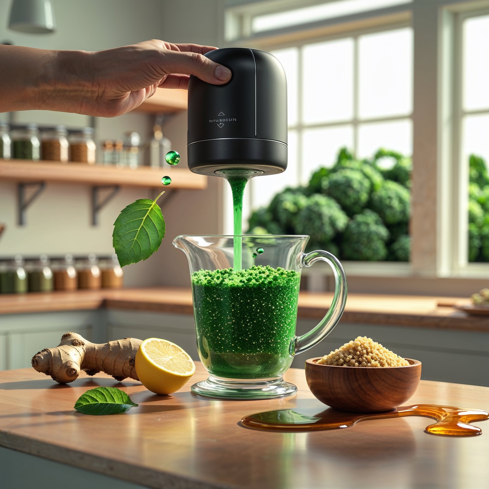 Blending vibrant quinoa-kale glow shot with lemon and ginger