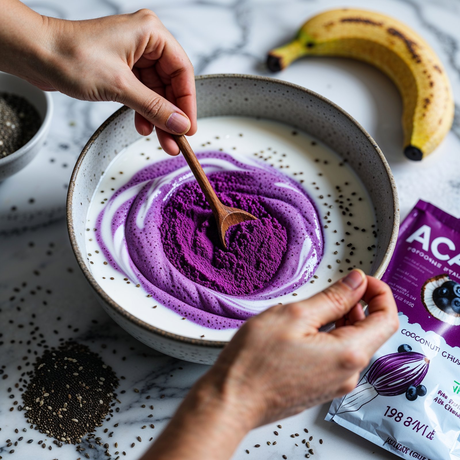 Mixing purple açaí coconut chia pudding in a bowl