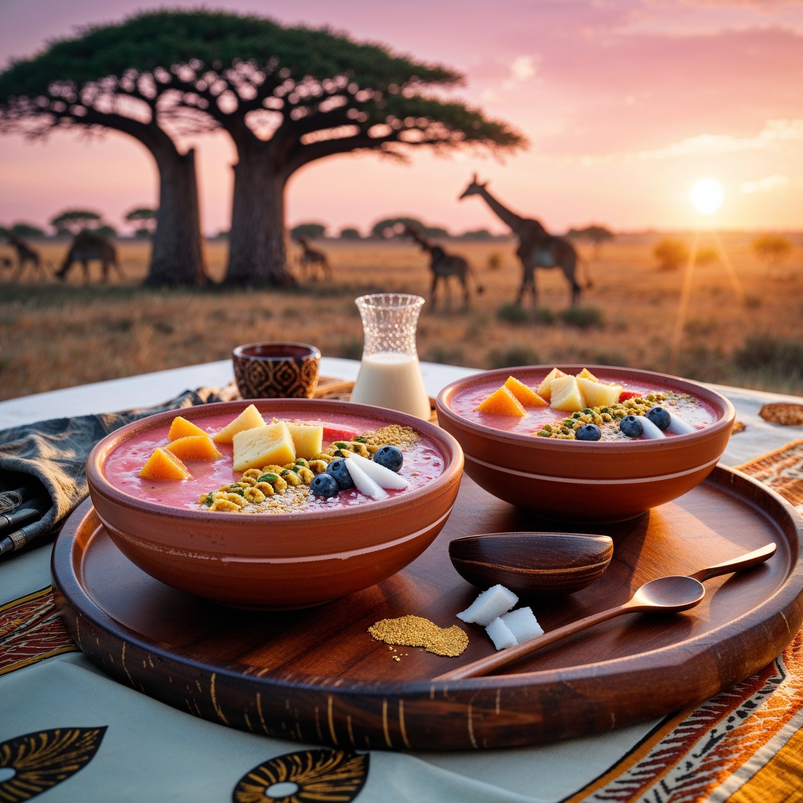 Two baobab glow smoothie bowls with starfruit and edible gold